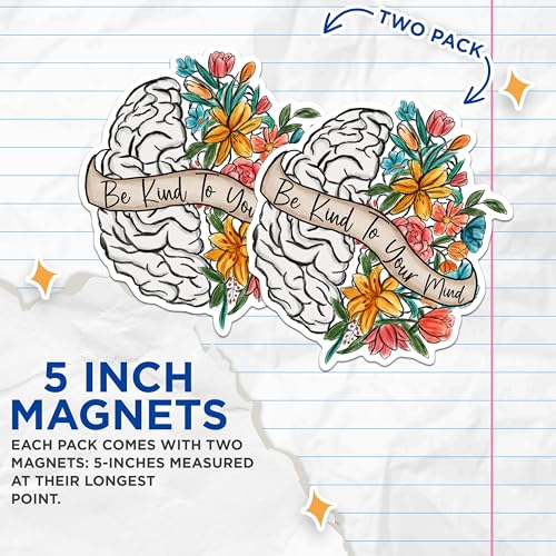 (2 Pack) Be Kind to Your Mind Magnets - Brain Art Magnets - Mental Health Awareness Magnets- 5" On Longest Side - for Fridges, Toolboxes, Cars - Made in USA - MAG2850