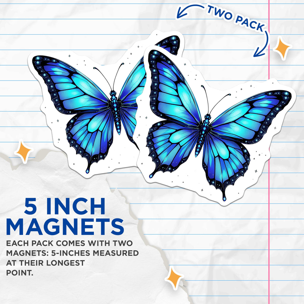 (2 Pack) Butterfly Magnets - Blue Butterfly Decor - Aesthetic Room Decor - 5" On Longest Side - Premium Magnet - for Cars, Refrigerators, Toolboxes, Lockers - Made in USA - MAG14210