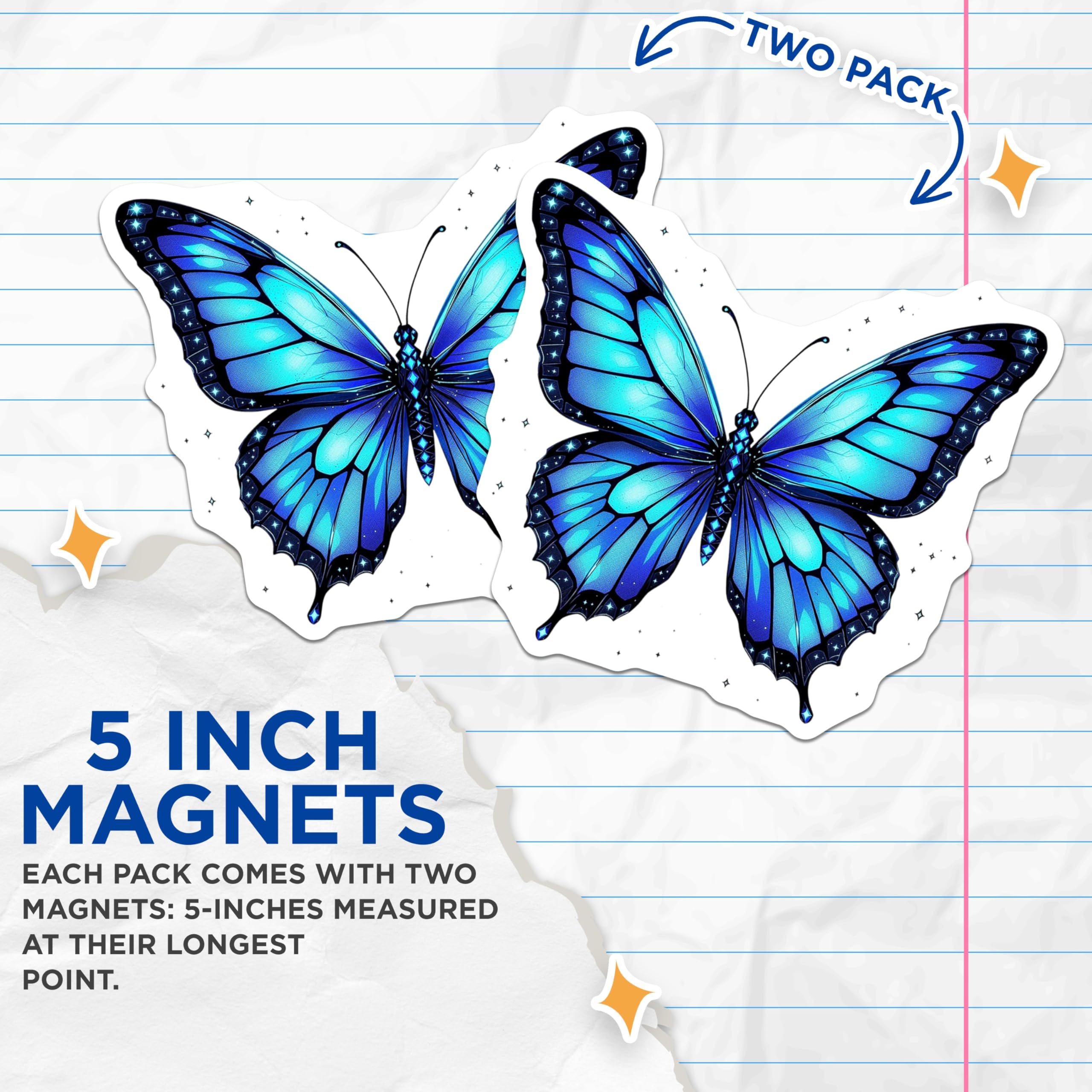 (2 Pack) Butterfly Magnets - Blue Butterfly Decor - Aesthetic Room Decor - 5" On Longest Side - Premium Magnet - for Cars, Refrigerators, Toolboxes, Lockers - Made in USA - MAG14210