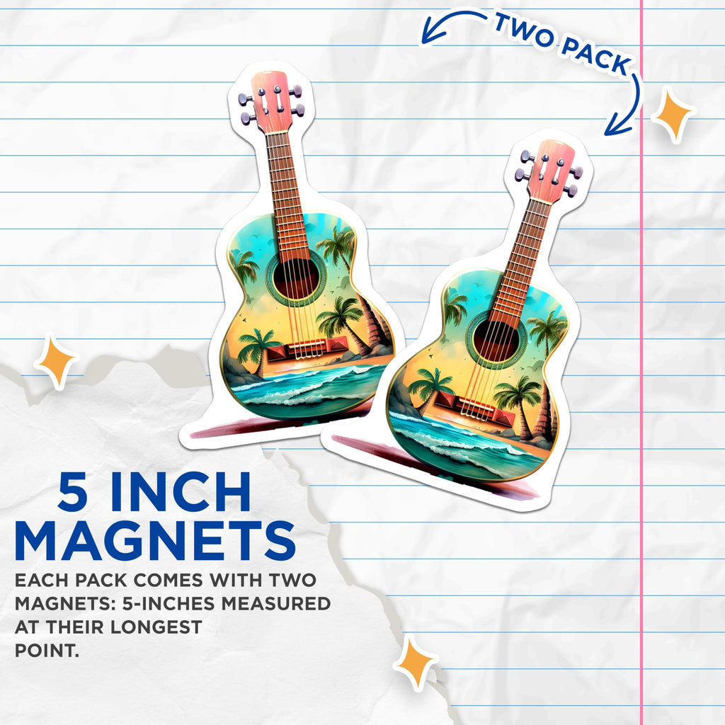 (2 Pack) Tropical Guitar Magnets - Aesthetic Beach Scene Music Instrument Decor - Coastal Ocean Vibe Fridge Art - 5 Inches On Longest Side - Thick Durable Magnet - Made in USA - MAG20801