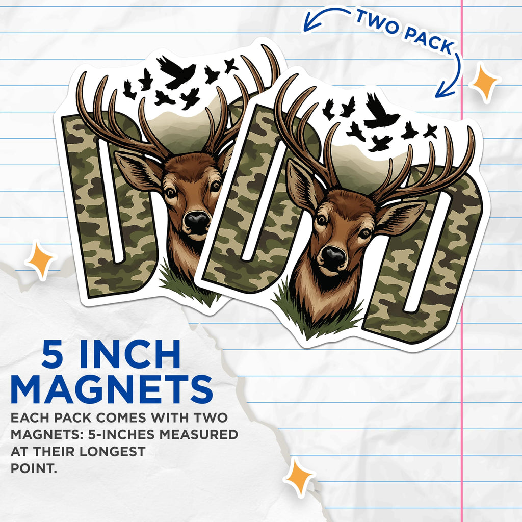 (2 Pack) Camouflage Deer Head Dad Magnets - Hunter Antler Father Decor - Outdoorsman Wildlife Art - 5 Inches On Longest Side - Thick Durable Magnet - Made in USA - MAG22962