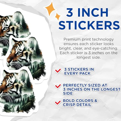 (3 Pack) Tiger Forest Decals - Animal Decal - Laptop Decal - 3 Inches On Longest Side - Easy Peel & Apply - Made in USA - 3MCS1142
