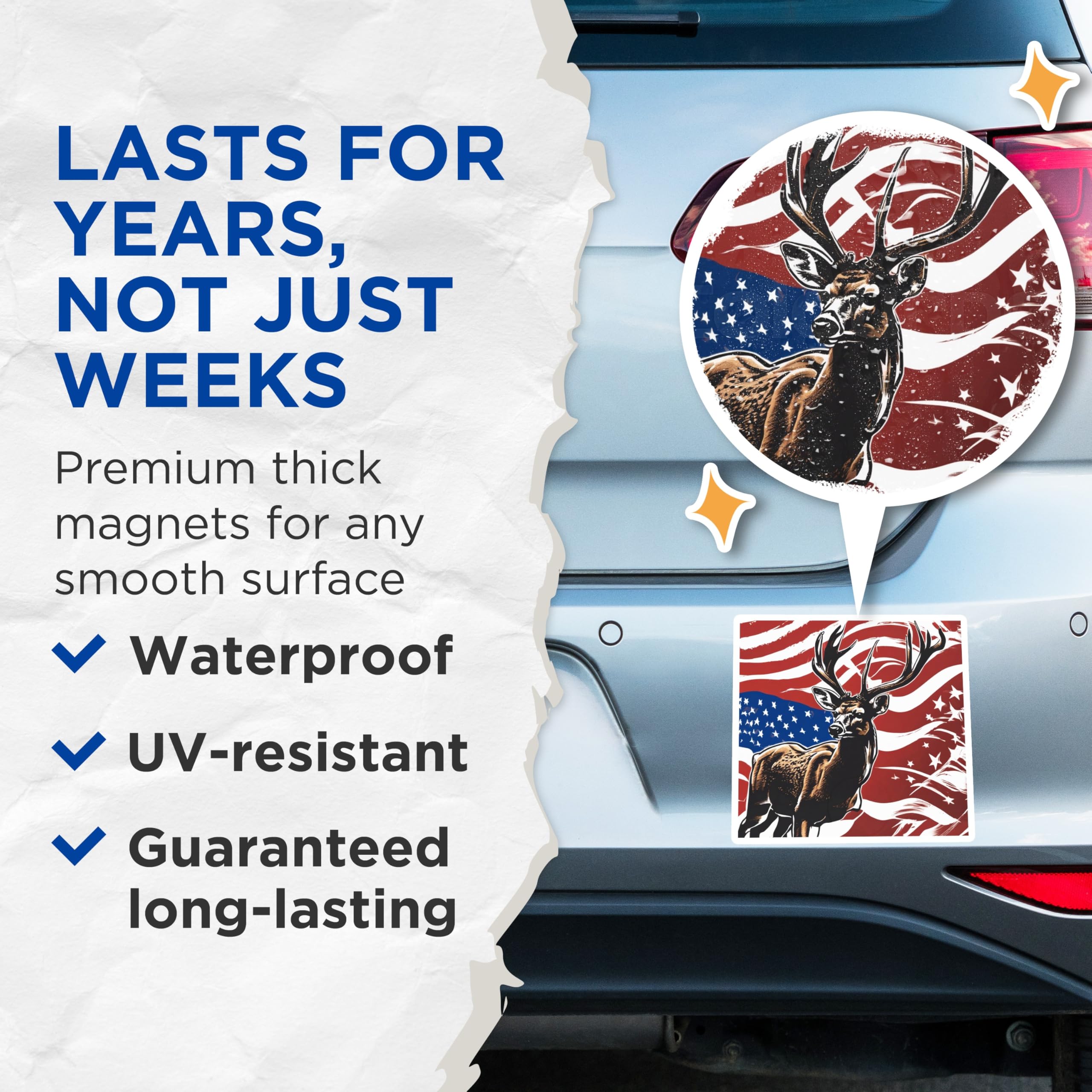 (2 Pack) American Patriotic Deer Magnets - Majestic Buck Hunting Cabin Decor - USA Flag Stars Stripes Refrigerator Art - 5 Inches On Longest Side - Thick Durable Magnet - Made in USA - MAG19795