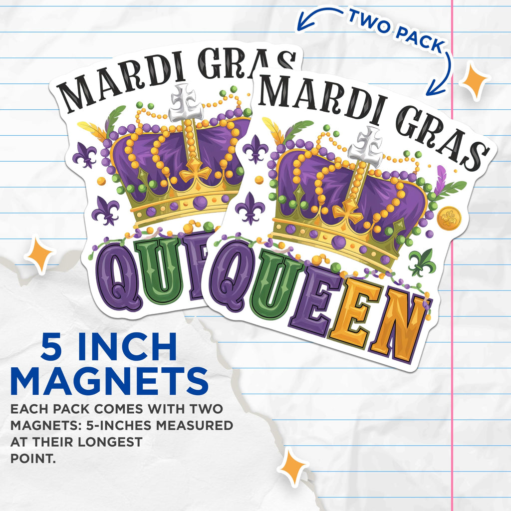 (2 Pack) Mardi Gras Queen Magnets - Crowned Celebration Decor - Festive Kitchen Magnet - 5" On Longest Side - Premium Magnet - for Cars, Refrigerators, Toolboxes, Lockers - Made in USA - MAG14308