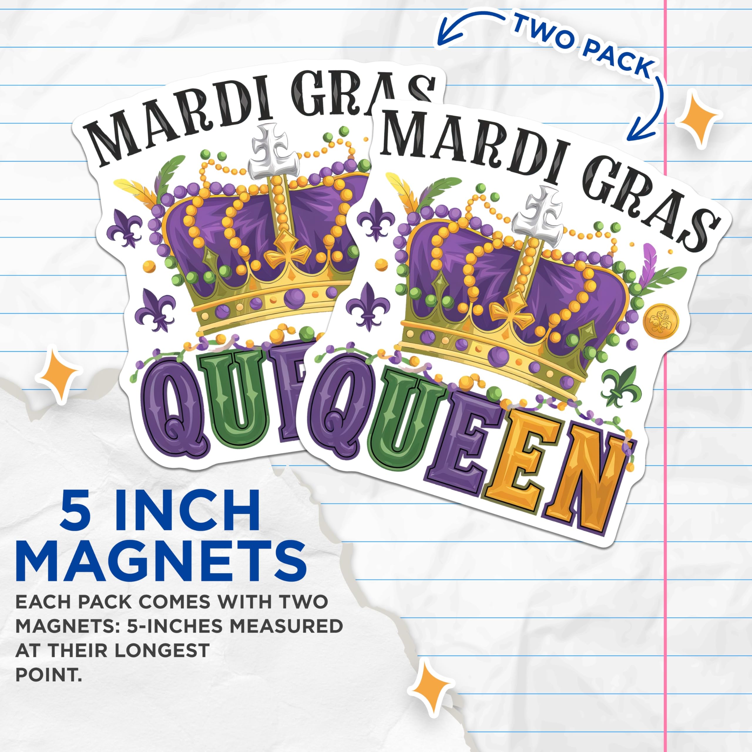 (2 Pack) Mardi Gras Queen Magnets - Crowned Celebration Decor - Festive Kitchen Magnet - 5" On Longest Side - Premium Magnet - for Cars, Refrigerators, Toolboxes, Lockers - Made in USA - MAG14308