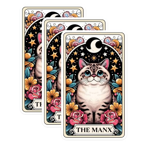 (3 Pack) Manx Cat Tarot Card Decals - Cute Feline Stickers - Laptop Decal - 3 Inches On Longest Side - Easy Peel & Apply - Made in USA - 3MCS0113