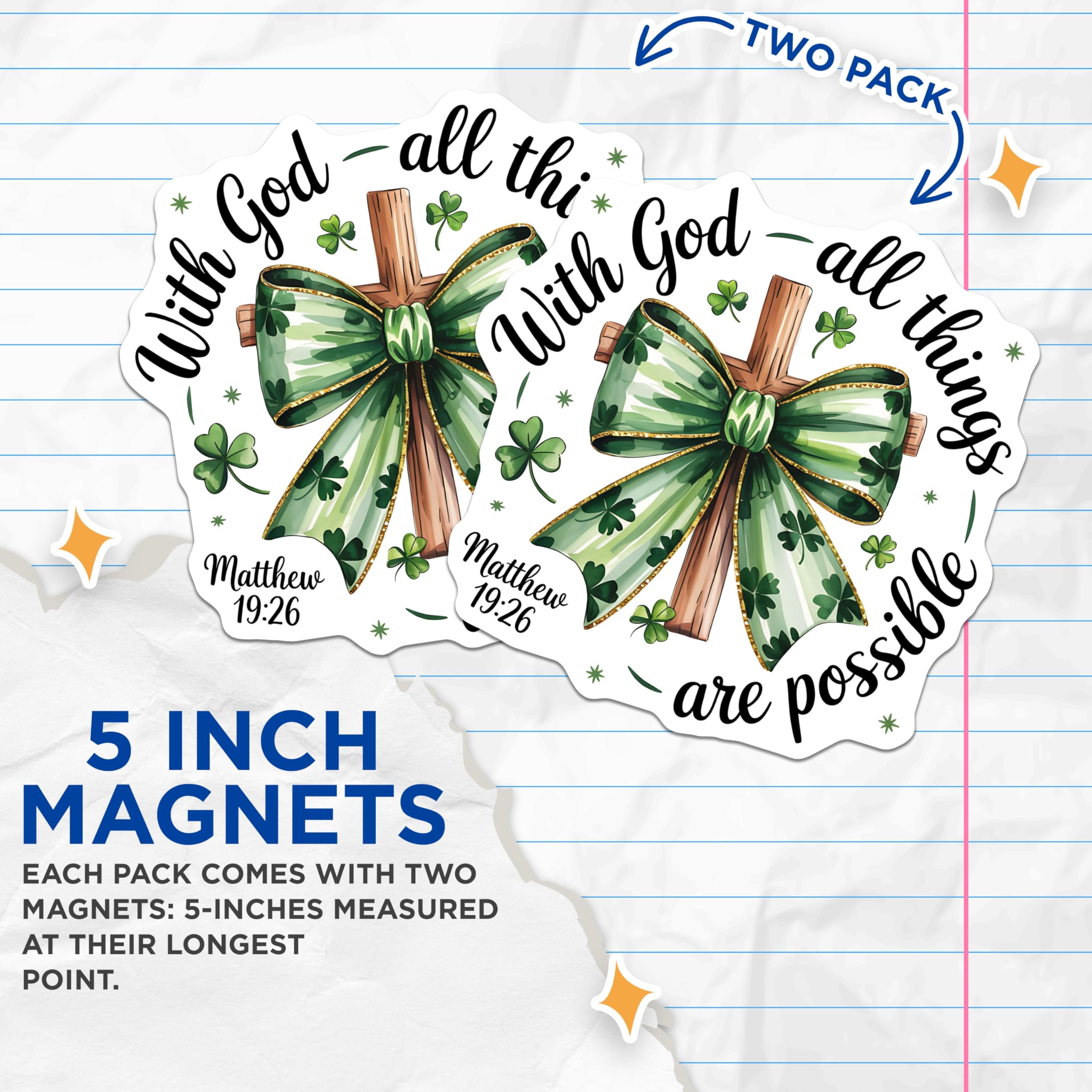 (2 Pack) with God All Things Possible Magnets - Matthew 19:26 Scripture Cross - Shamrock Faith Decor - 5 Inches On Longest Side - Thick Durable Magnet - Made in USA - MAG19823