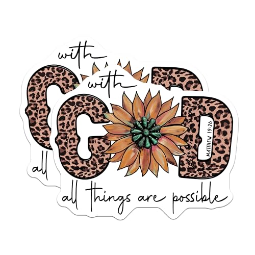 (2 Pack) with God All Things are Possible Stickers - Inspirational Bible Verse - Faith Quotes Leopard Print - 5" On Longest Side - Sticks to Smooth Flat Surfaces - Made in USA - BMCS6182