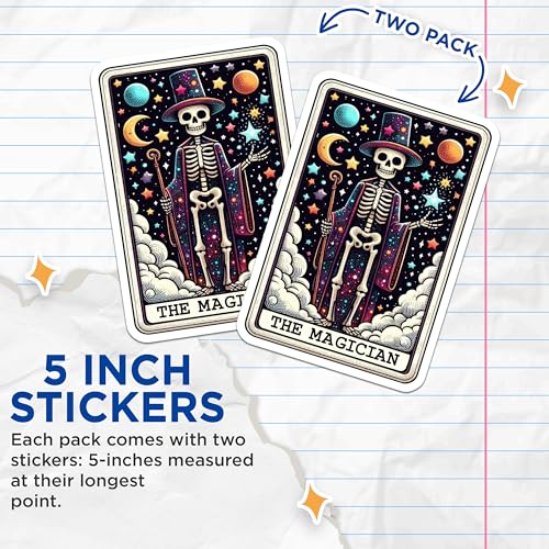 (2 Pack) The Magician Tarot Stickers - Skeleton Magical Stickers - Celestial Mystical Stickers - 5" On Longest Side - Sticks to Smooth Flat Surfaces - Made in USA - BMCS5450