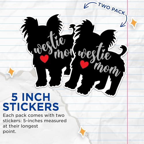 (2 Packs) Westie Dog Mom Stickers - Westie Dog Breed Decals - 5 Inches On Longest Side - Premium Vinyl Decal - Sticks to Any Smooth Flat Surface - Made in USA - BMCS2543