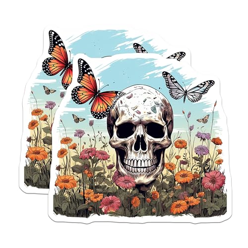 (2 Pack) Skull and Butterfly Magnets - Floral Skull Design - Nature Aesthetic Magnets for Fridge - Art Magnets - 5" On Longest Side - for Cars, Fridges, Toolboxes - Made in USA - MAG4239