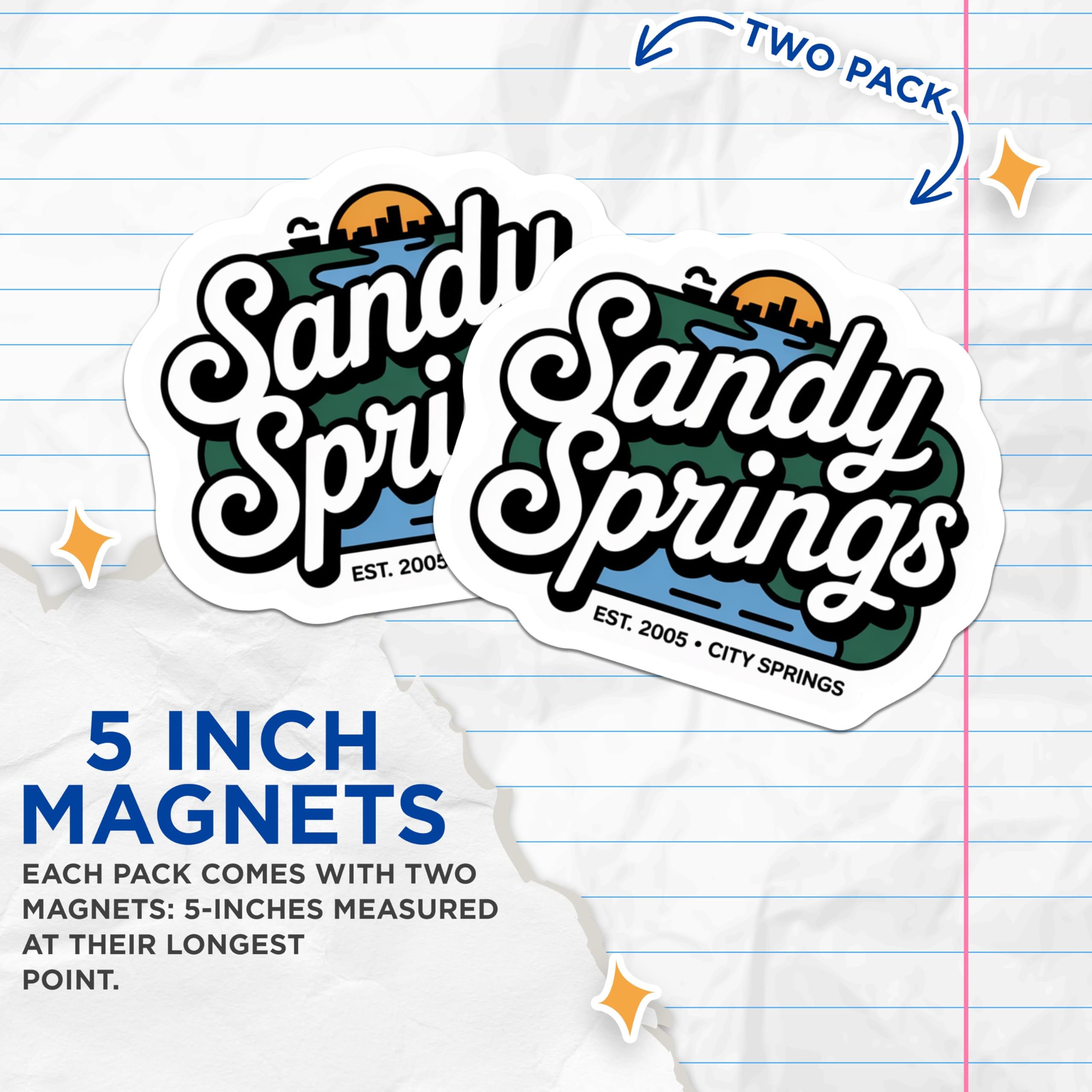 (2 Pack) Sandy Springs Magnets - Georgia Souvenir - City Skyline Decor - 5" On Longest Side - Premium Magnet - for Cars, Refrigerators, Toolboxes, Lockers - Made in USA - MAG17718