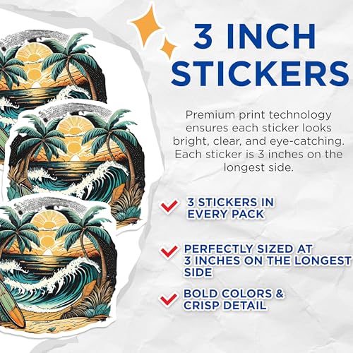 (3 Pack) Surfboard Beach Decals - Palm Tree Sunset - Tropical Surf Art - 3 Inches On Longest Side - Easy Peel & Apply - Made in USA - 3MCS8017