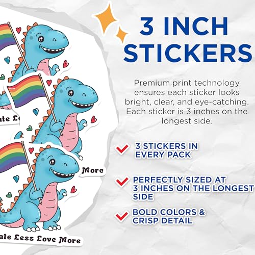 (3 Pack) Pride Dinosaur Decals - LGBTQ Support - Love More Decal- 3 Inches On Longest Side - Easy Peel & Apply - Made in USA - 3MCS5163