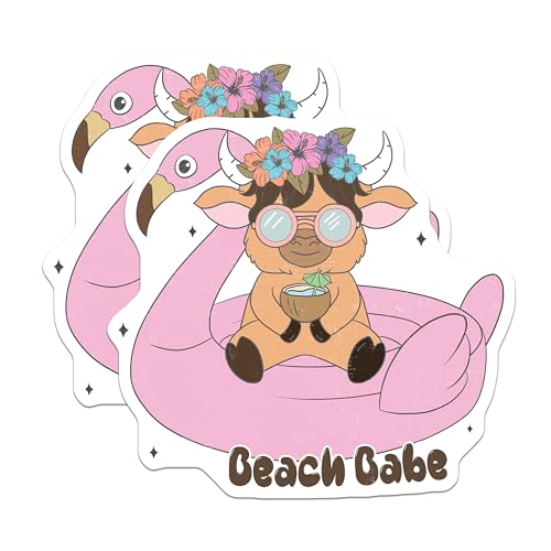 (2 Pack) Cute Animal Stickers - Beach Babe - Fun Flamingo Float Stickers for Water Bottles and Laptops - 5" On Longest Side - Sticks to Smooth Flat Surfaces - Made in USA - BMCS6878