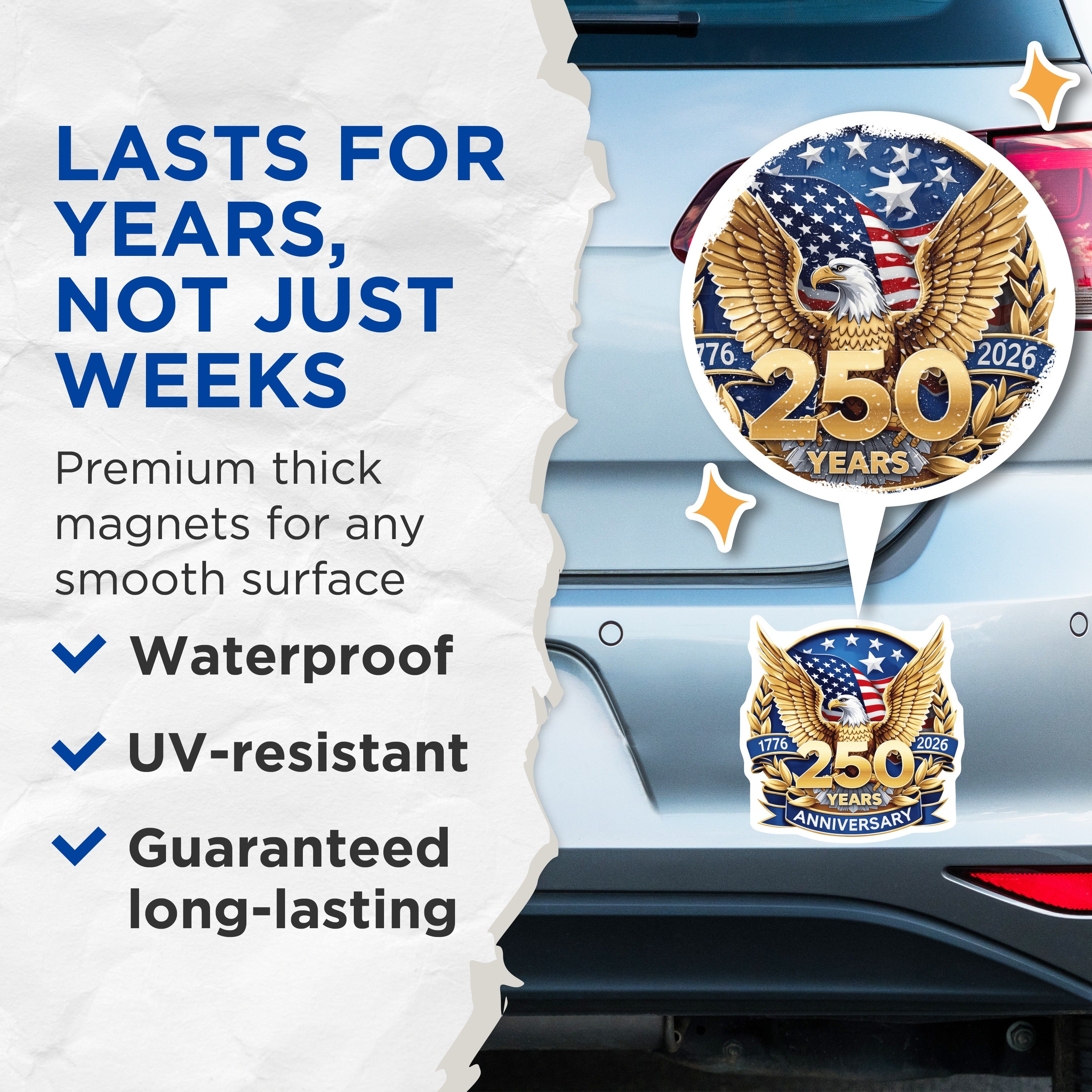 (2 Pack) 250th Anniversary USA Magnets - American Eagle Decor - Patriotic 1776-2026 Emblem - Historical Collector Item - 5 Inches On Longest Side - Thick Durable Magnet - Made in USA - MAG37781