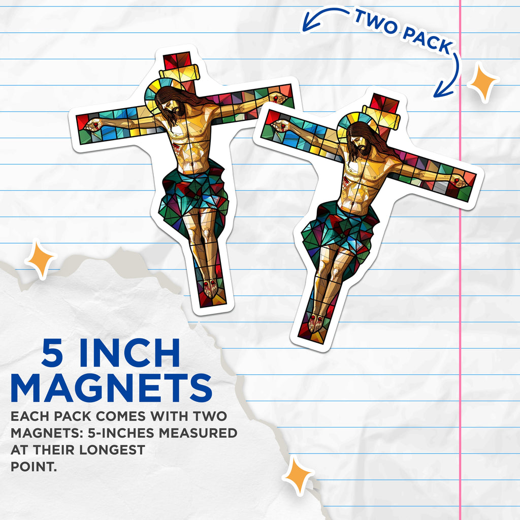 (2 Pack) Stained Glass Crucifix Magnets - Jesus Christ Cross Decor - Christian Religious Art - Easter Faith Keepsake - 5 Inches On Longest Side - Thick Durable Magnet - Made in USA - MAG38855
