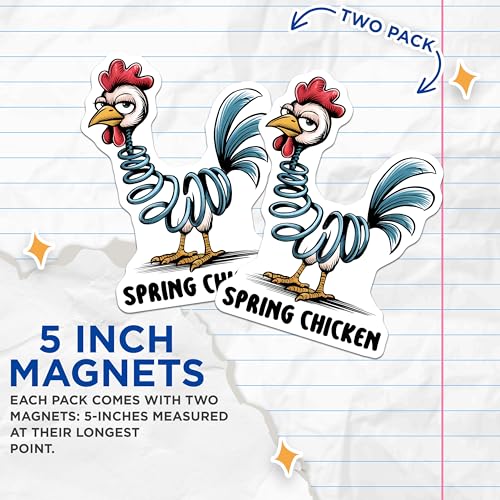 (2 Pack) Spring Chicken Magnets - Funny Fridge Decor - Cartoon Chicken Art - 5" On Longest Side - for Cars, Fridges, Toolboxes - Made in USA - MAG7637