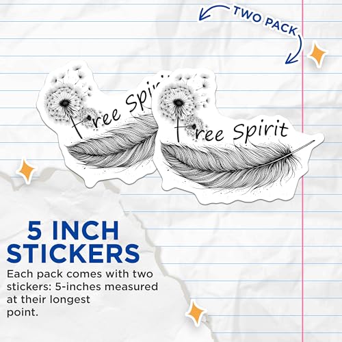 (2 Pack) Free Spirit Stickers - Feather Design - Inspirational Dandelion - 5" On Longest Side - Sticks to Smooth Flat Surfaces - Made in USA - BMCS7561