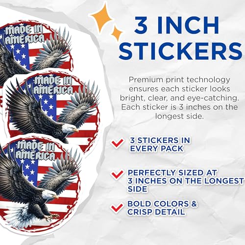 (3 Pack) Eagle Decals - American Flag Stickers - Made in America Laptop Decals - 3 Inches On Longest Side - Easy Peel & Apply - Made in USA - 3MCS6167