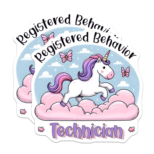 (2 Pack) Registered Behavior Technician Stickers - Fun Unicorn Stickers - Cute Job Title Stickers - 5" On Longest Side - Sticks to Any Smooth Flat Surface - Made in USA - BMCS3168