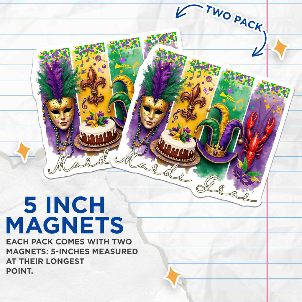 (2 Pack) Mardi Gras Magnets - New Orleans Celebration - Carnival Decorations - 5" On Longest Side - Premium Magnet - for Cars, Refrigerators, Toolboxes, Lockers - Made in USA - MAG14733