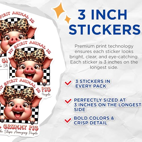(3 Pack) Funny Pig Decals - Grumpy Pig Laptop - My Spirit Animal Decal - 3 Inches On Longest Side - Easy Peel & Apply - Made in USA - 3MCS6696