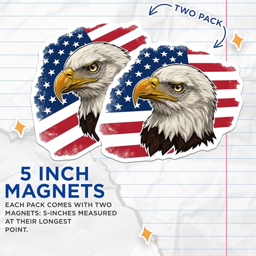 (2 Pack) Patriotic Decor Magnet - Bald Eagle Artwork - Independence Day - 5" On Longest Side - Sticks to Smooth Flat Surfaces - Made in USA - MAG9953