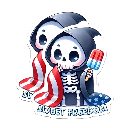 (2 Pack) Sweet Freedom Stickers - Cute Skeleton with Popsicle - Patriotic Art Design - 5" On Longest Side - Sticks to Smooth Flat Surfaces - Made in USA - BMCS7912
