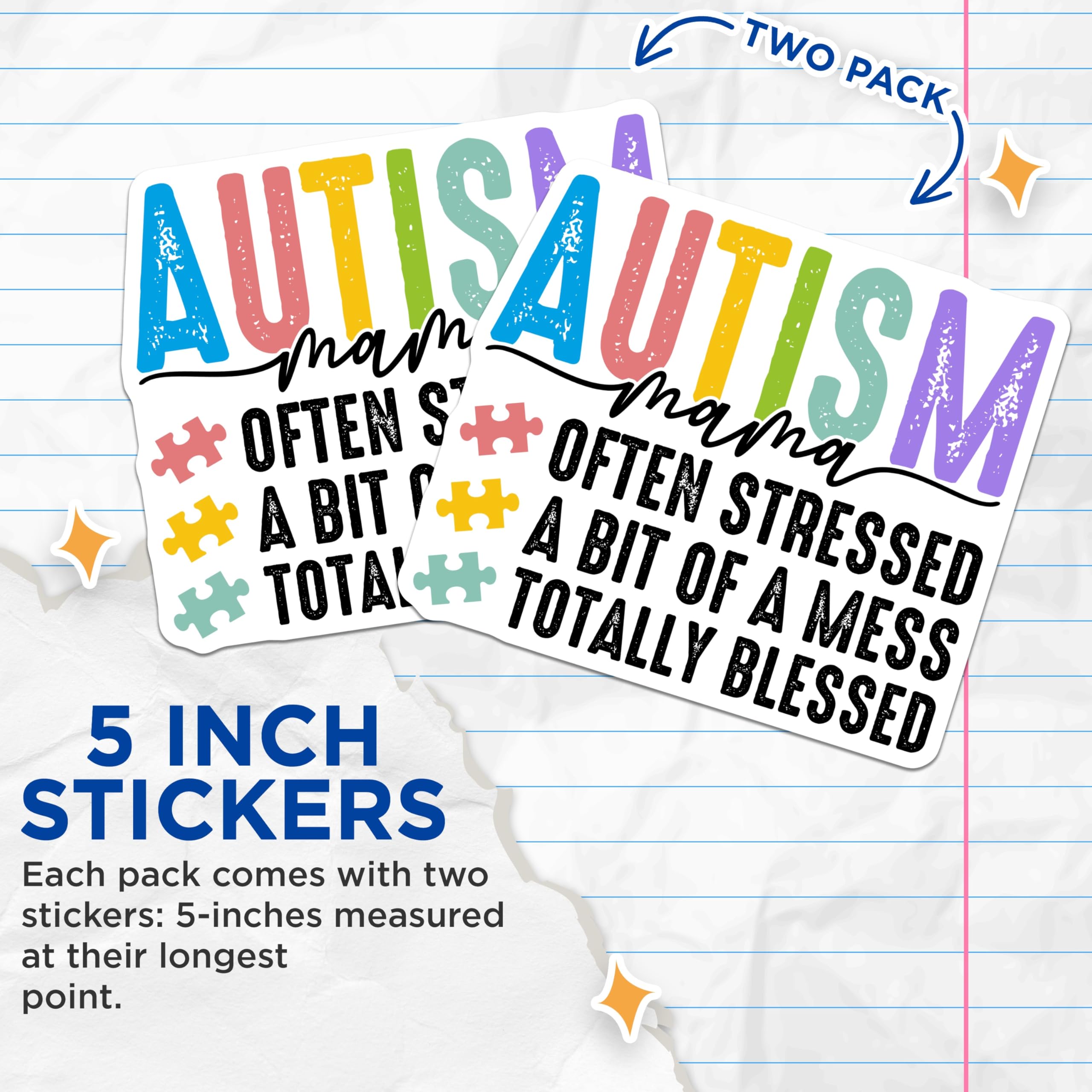 (2 Pack) Autism Mama Stickers - Special Needs Mom - Often Stressed Sticker- 5" On Longest Side - Sticks to Smooth Flat Surfaces - Made in USA - BMCS16696