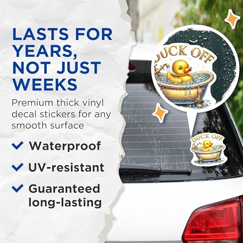 (2 Pack) Duck Off Stickers - Funny Bath Stickers - Sarcastic Rubber Duck Decals - 5" On Longest Side - Sticks to Smooth Flat Surfaces - Made in USA - BMCS5026