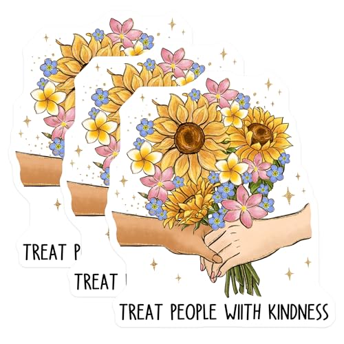 (3 Pack) Treat People with Kindness Decals - Flower Bouquet Stickers - Laptop Decal - 3 Inches On Longest Side - Easy Peel & Apply - Made in USA - 3MCS2939