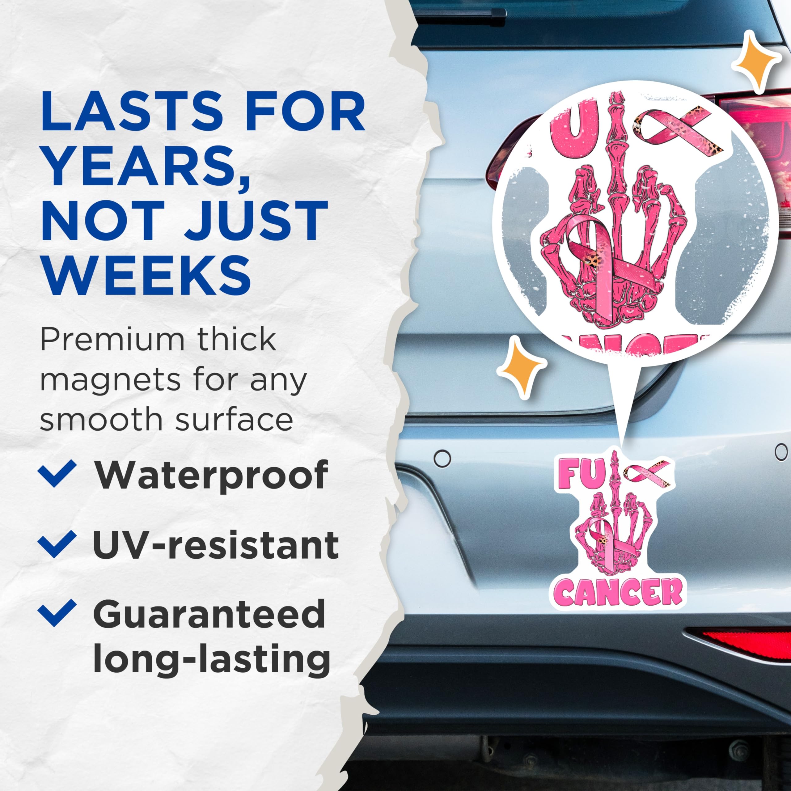 (2 Pack) FU Cancer Magnets - Skeleton Hand Pink Ribbon - Cancer Awareness Support Magnets - 5" On Longest Side - Premium Magnet - for Cars, Refrigerators, Toolboxes, Lockers - Made in USA - MAG17128