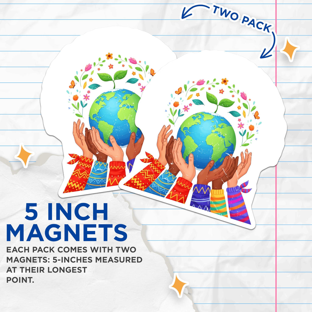 (2 Pack) Earth Day Magnets - Global Unity Hands - Planet Protection Awareness - 5 Inches On Longest Side - Thick Durable Magnet - Made in USA - MAG21833