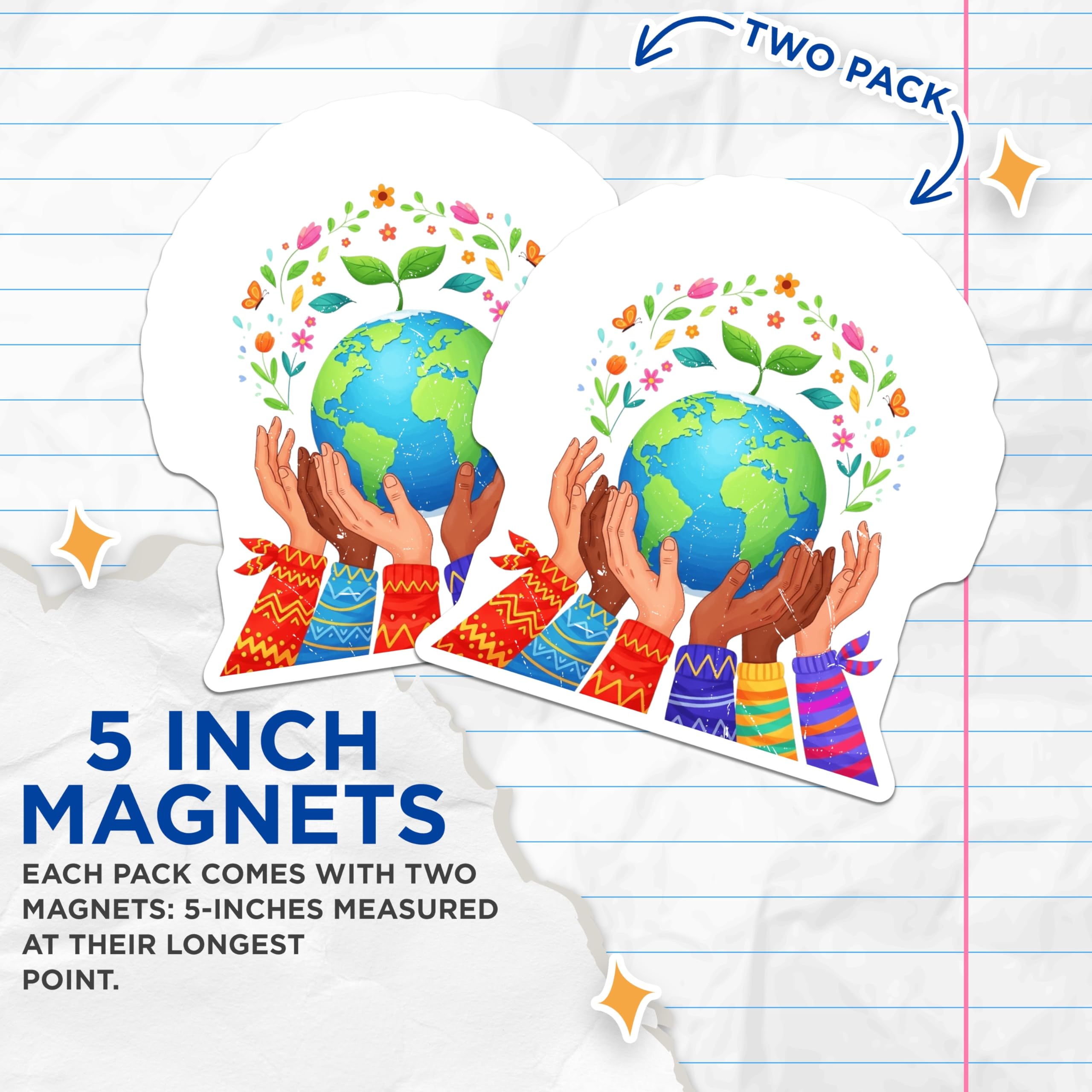 (2 Pack) Earth Day Magnets - Global Unity Hands - Planet Protection Awareness - 5 Inches On Longest Side - Thick Durable Magnet - Made in USA - MAG21833