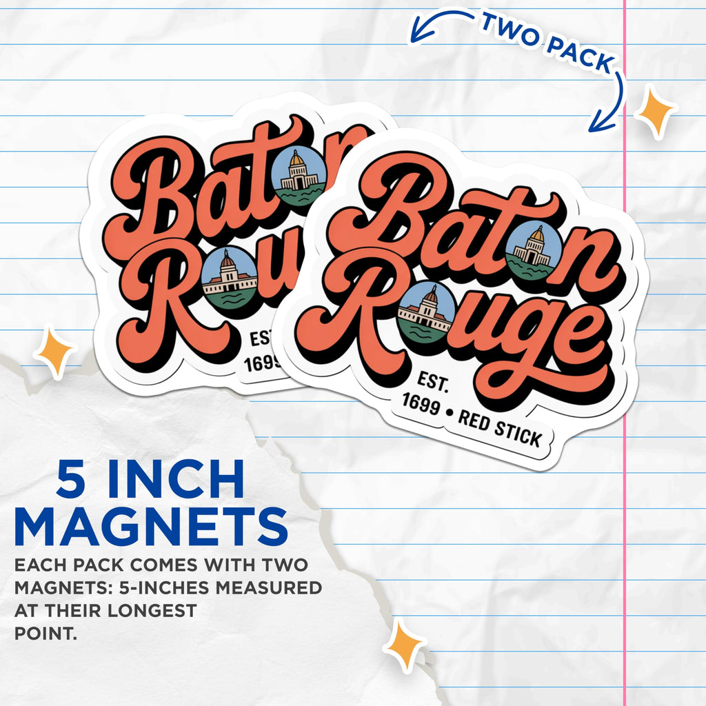 (2 Pack) Baton Rouge Magnets - Louisiana Capitol Building - Red Stick City - Est 1699 Souvenirs - 5 Inches On Longest Side - Thick Durable Magnet - Made in USA - MAG19094