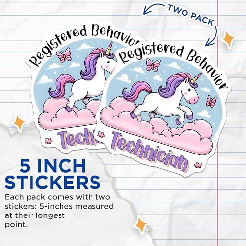 (2 Pack) Registered Behavior Technician Stickers - Fun Unicorn Stickers - Cute Job Title Stickers - 5" On Longest Side - Sticks to Any Smooth Flat Surface - Made in USA - BMCS3168