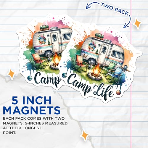(2 Pack) Camp Life Magnets - Camping Adventure - RV Camper Accessories - Campfire Art - Nature Trip Decoration - 5" On Longest Side - for Cars, Fridges, Toolboxes - Made in USA - MAG7089