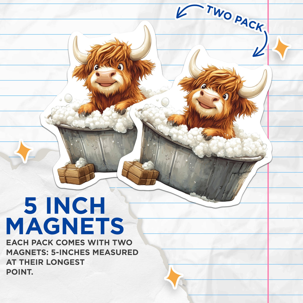 (2 Pack) Highland Cow Bathtub Magnets - Cute Farm Animal Fridge Decor - Funny Highland Calf Locker Art - 5 Inches On Longest Side - Thick Durable Magnet - Made in USA - MAG39457