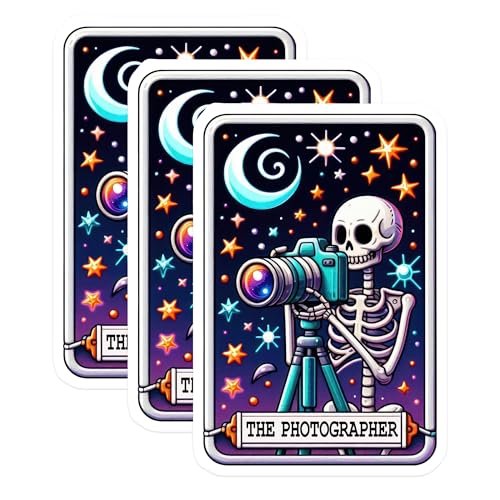 (3 Pack) Photographer Skeleton Decals - Moon and Stars - Camera Laptop Decals - 3 Inches On Longest Side - Easy Peel & Apply - Made in USA - 3MCS4244