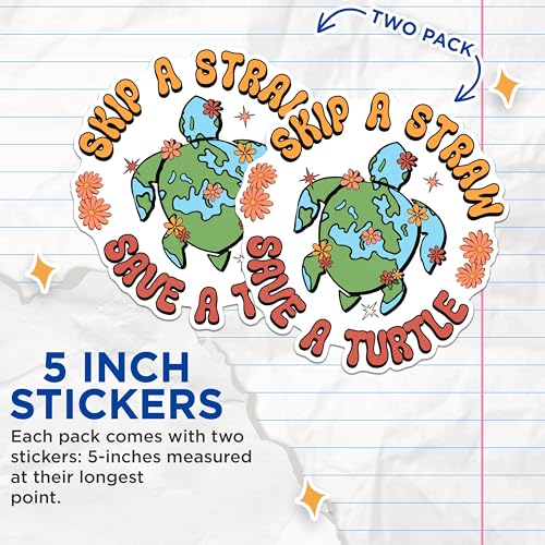 (2 Pack) Skip a Straw Save a Turtle Stickers - Environmental Conservation Stickers - Eco-Friendly Decoration Stickers - 5" On Longest Side - Sticks to Any Smooth Flat Surface - Made in USA - BMCS3047