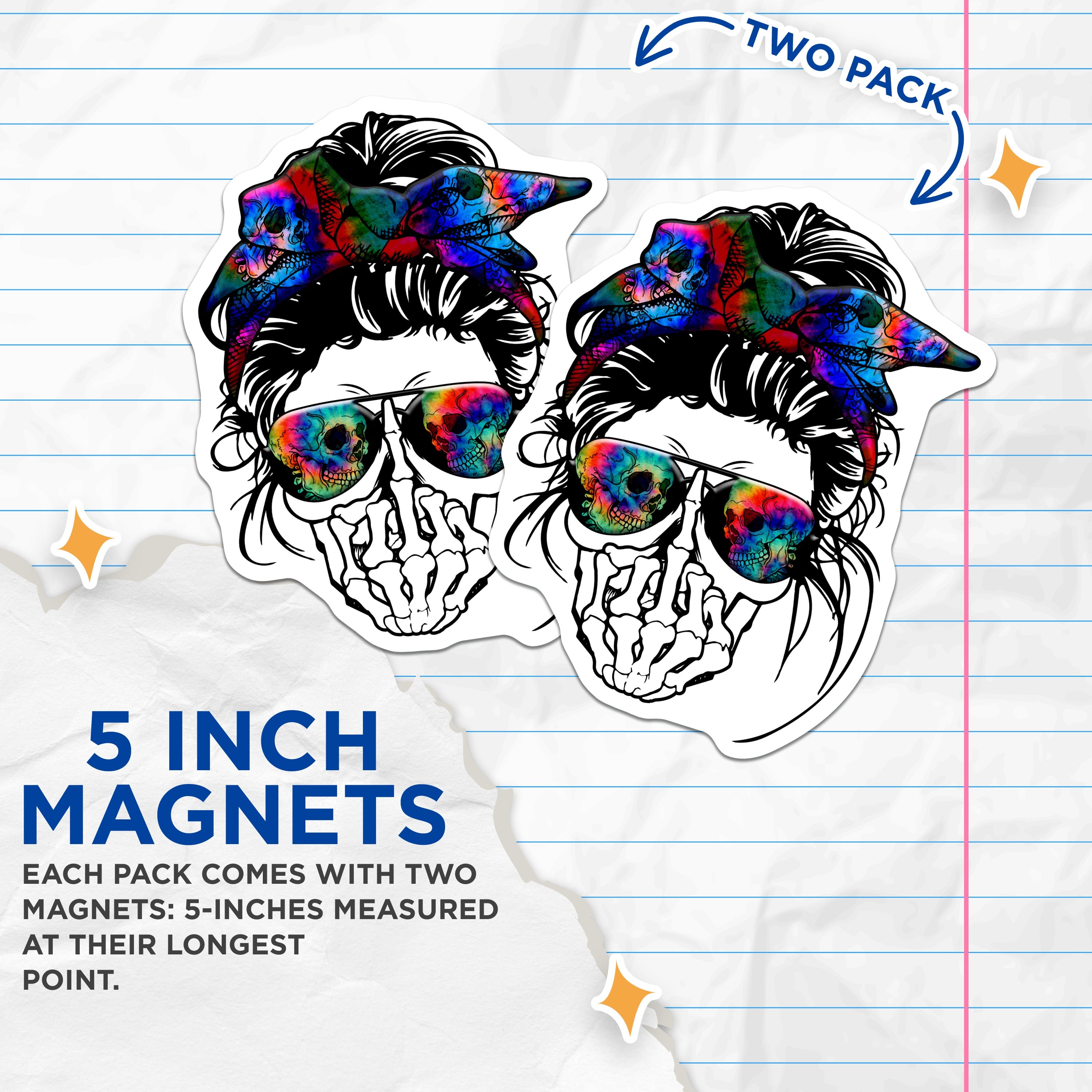 (2 Pack) Messy Bun Skull Magnets - Tie Dye Skull Design - Alternative Aesthetic Decor - Boho Grunge Kitchen Art - 5 Inches On Longest Side - Thick Durable Magnet - Made in USA - MAG36633
