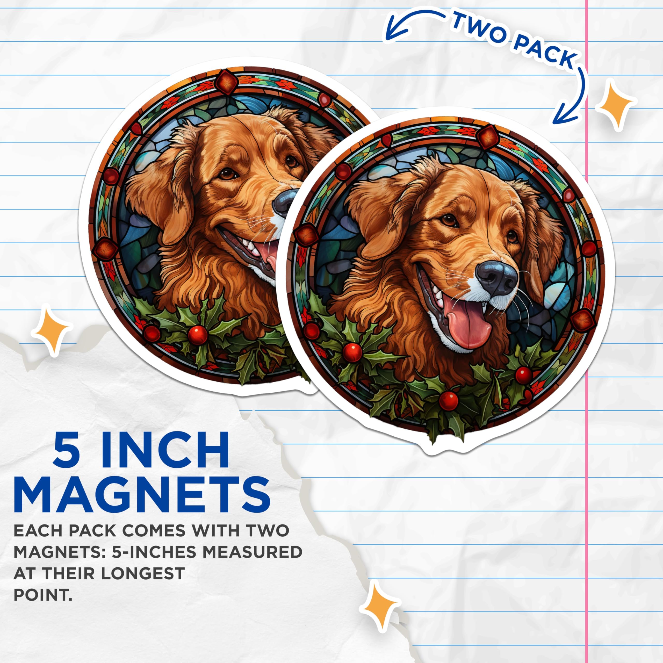 (2 Pack) Golden Retriever Stained Glass Magnets - Christmas Holiday Decor - Dog Lover Kitchen Accessories - 5 Inches On Longest Side - Thick Durable Magnet - Made in USA - MAG27810