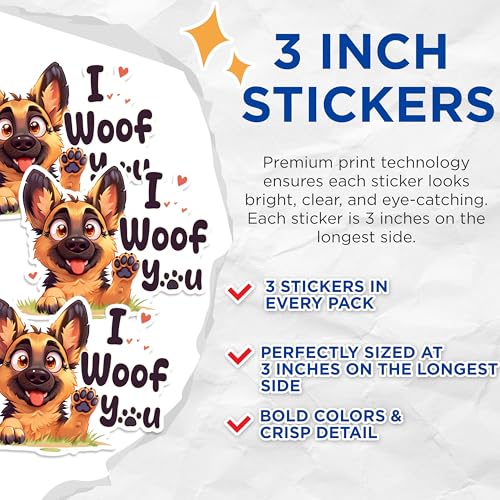 (3 Pack) German Shepherd Decals - I Woof You - Dog Breed Decals - 3 Inches On Longest Side - Easy Peel & Apply - Made in USA - 3MCS1240