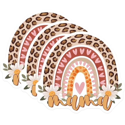 (3 Pack) Mama Rainbow Decals - Leopard Print - Boho Rainbow Decals - 3 Inches On Longest Side - Easy Peel & Apply - Made in USA - 3MCS7237