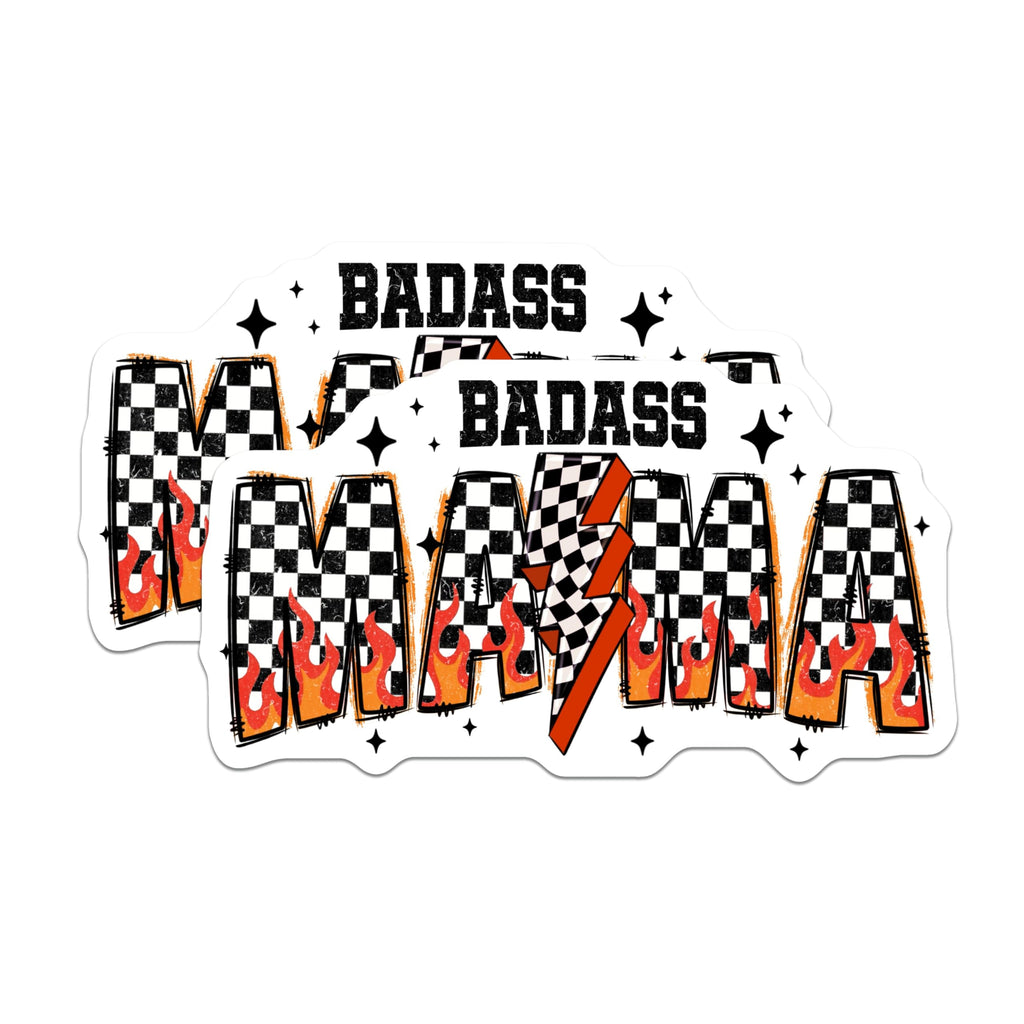 (2 Pack) Badass Mamma Magnets - Edgy Mom Refrigerator Decor - Checkerboard Flames Lightning Bolt - 5 Inches On Longest Side - Thick Durable Magnet - Made in USA - MAG25574