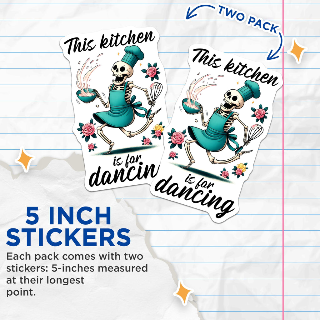 (2 Pack) Kitchen Dancing Stickers - Skeleton Chef Sticker - Funny Baking Stickers - 5" On Longest Side - Sticks to Smooth Flat Surfaces - Made in USA - BMCS15397