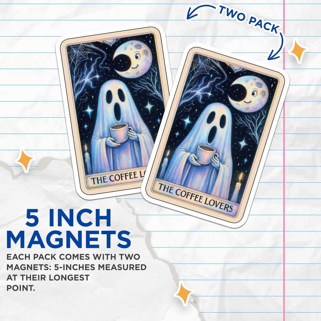 (2 Pack) Coffee Lovers Ghost Magnets - Spooky Tarot Card Decor - Celestial Moon Stars Drinker Art - 5 Inches On Longest Side - Thick Durable Magnet - Made in USA - MAG22851