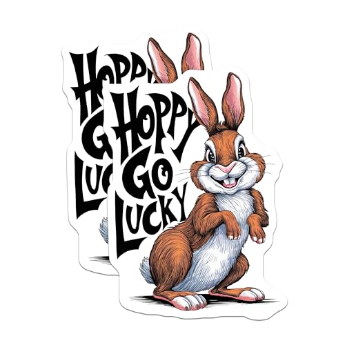 (2 Pack) Happy Go Lucky Stickers - Cute Rabbit Stickers - Motivational Stickers for Laptops and Water Bottles - 5" On Longest Side - Sticks to Smooth Flat Surfaces - Made in USA - BMCS4267