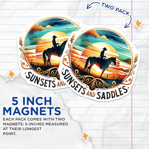 (2 Pack) Western Sunset Magnets - Cowboy Decor - Horse Rider Art - Country Home Magnets - 5" On Longest Side - for Cars, Fridges, Toolboxes - Made in USA - MAG6718